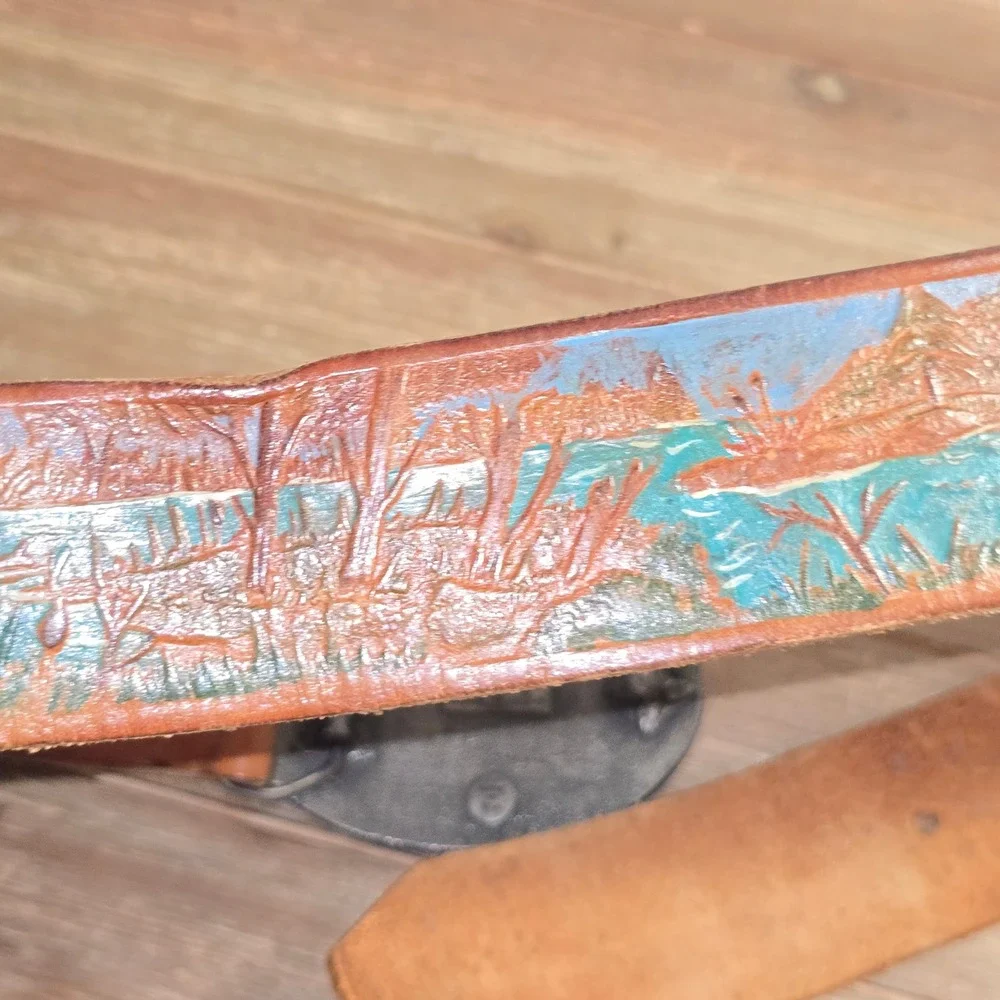 Vintage 1977 Bergamot Brass Works Bass Fishing Belt Hand Painted Leather USA
